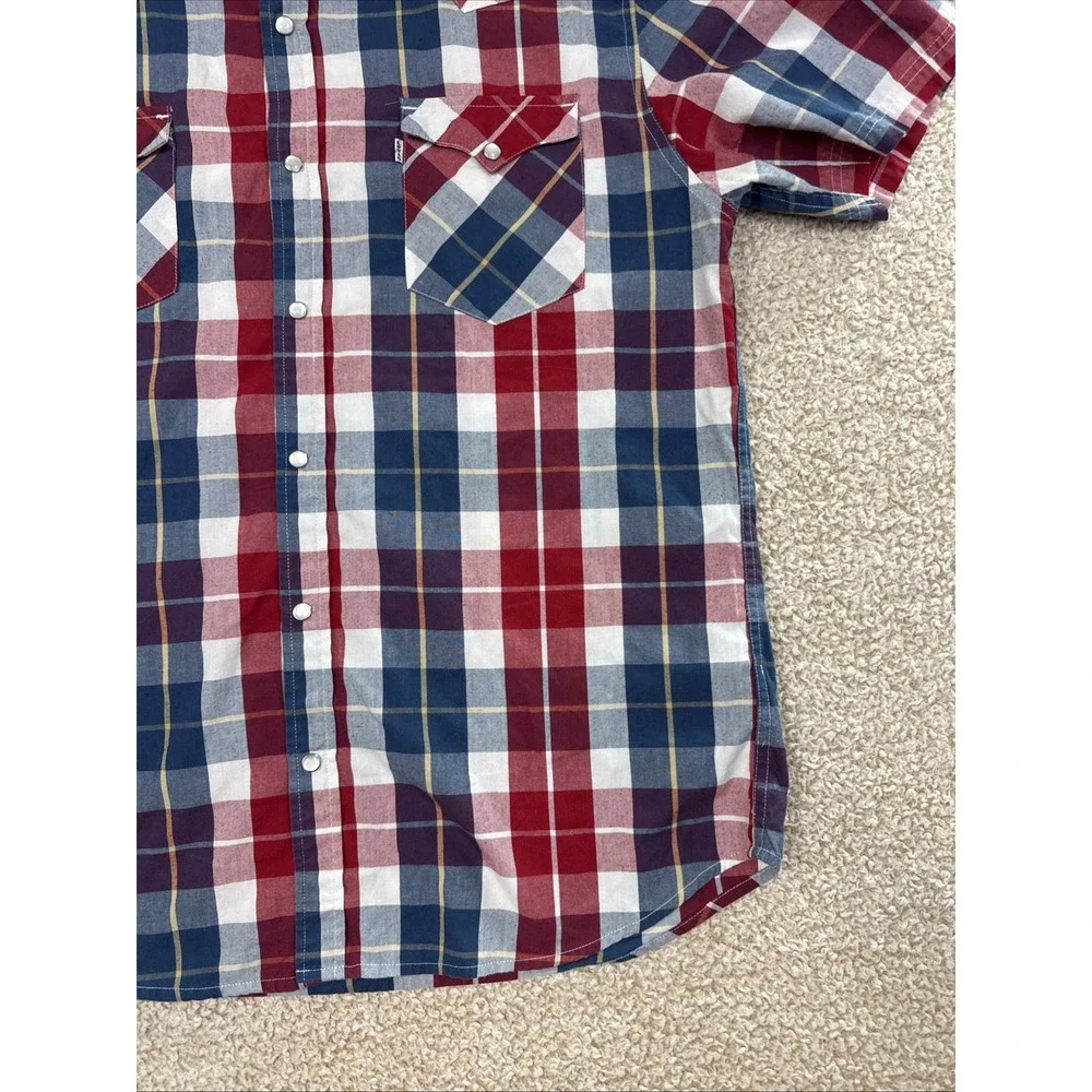 Levi's Flannel Plaid Pearl Snap Button Up Shirt Mens XL Red White Blue Standard